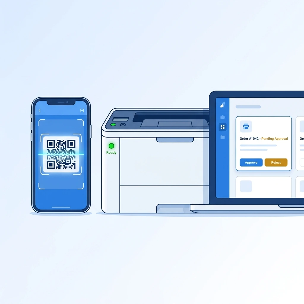 A QR code, printer, and print order dashboard